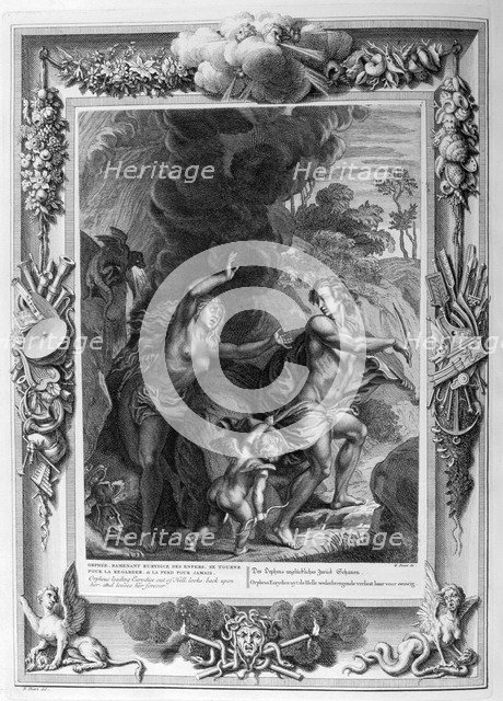 Orpheus, leading Eurydice out of Hell, looks back upon her and loses her forever, 1733. Artist: Bernard Picart