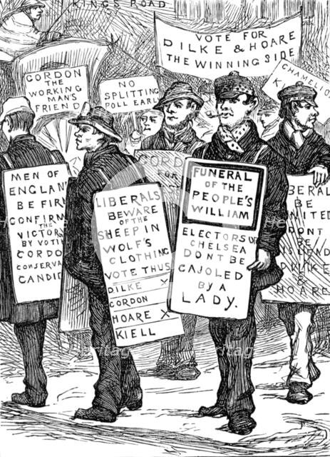 Metropolitan Boroughs election sketches: Chelsea sandwiches, 1874. Creator: Unknown.