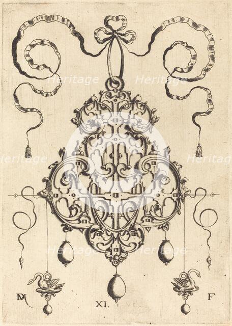 Strapwork Pendant with Two Swans as Earrings at Left and Right. Creator: Daniel Mignot.