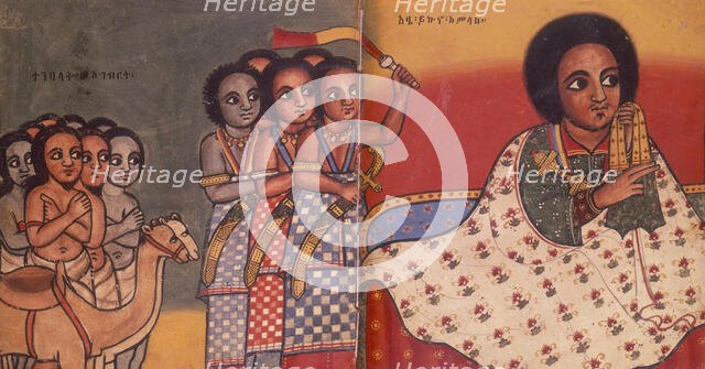 The Emperor Yekuno Amlac of Ethiopia with slaves and Muslim ambassadors, after 1270. Creator: Unknown.