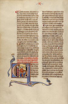 Initial C: A Man Greeting another Man with Two Sons and a Horse; Vidal Mayor, about 1290-1310. Creator: Unknown.