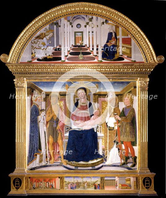Madonna with Child and Saints Blaise, John the Baptist, Nicholas and Florian. The Annunciation, 1462. Artist: Lorenzo di Pietro (Vecchietta) (1410-1480)