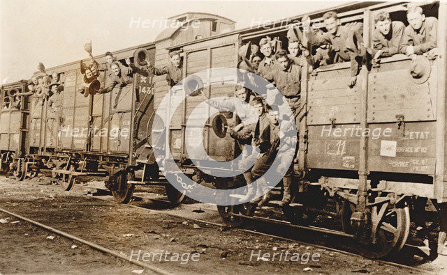 American troops on a train in France, c. 1917.