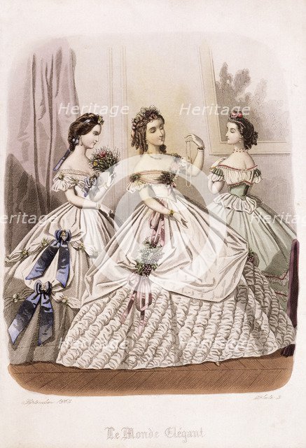 Women in evening dresses from the Le Monde Elégant, 1863. Artist: Unknown