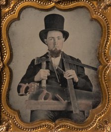 Carpenter in Top Hat with Hatchet, Compass, Square, and Hand Saw, 1850s-60s. Creator: Unknown.