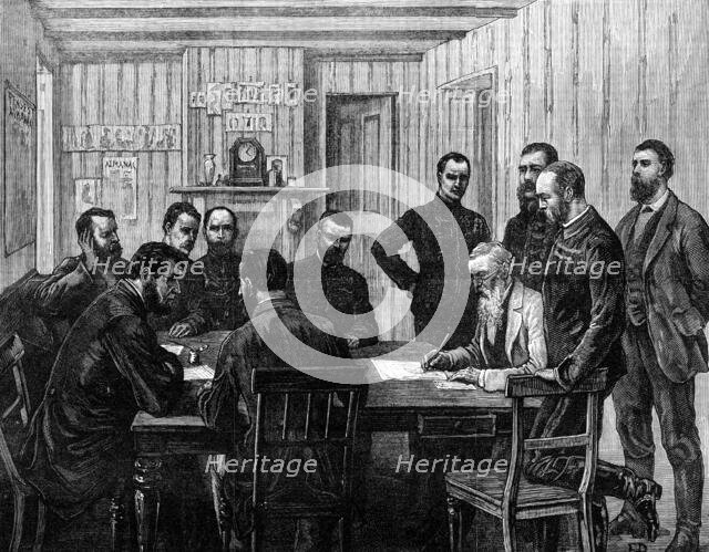 The Transvaal War: signing the terms of peace with the Boers at O'Neil's Farm...March 21, 1881. Creator: Frank Dadd.