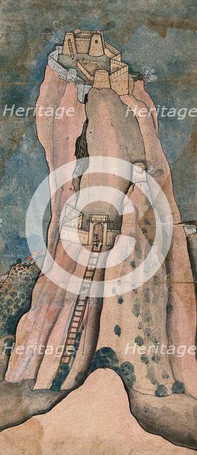 Men climbing a large cliff to reach the fortress on top, (between 1800 and 1899?). Creator: Unknown.