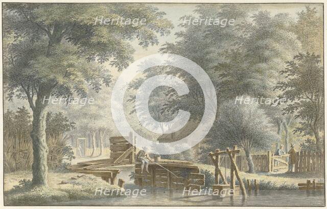Landscape with an angler on a bridge, 1763. Creator: Gerard van Rossum.