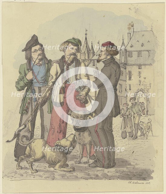 Three students smoking with two dogs, 1829. Creator: Jakob Dielmann.