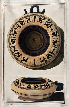 Above, white-ground black-figured Greek vessel decorated with a frieze of stylised..., 1760-9. Creator: Augustin Dahlsteen.