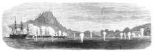 The War in Japan: the Red Battery opening fire on the corvettes, Sept. 6, 1864. Creator: Smyth.