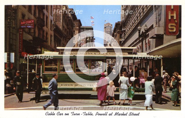 Cable car on a turntable, Powell at Market Street, San Francisco, California, USA, 1957. Artist: Unknown