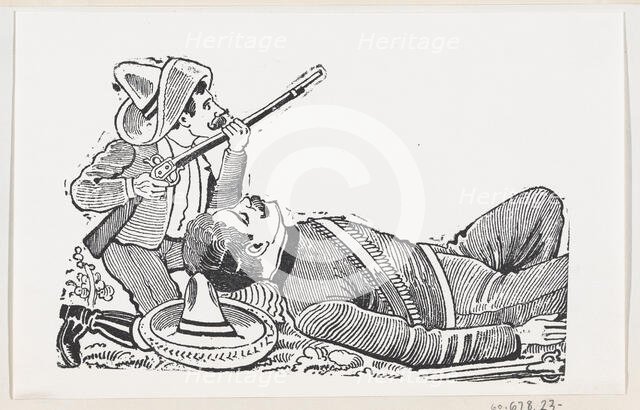 A revolutionary holding a rifle and kneeling to protect a fallen revolutionary, c..., ca. 1880-1910. Creator: José Guadalupe Posada.
