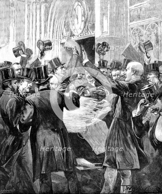 Scene in the Lobby, House of Commons: distributing Report of the Parnell Inquiry Commission, 1890. Creator: P Naumann.