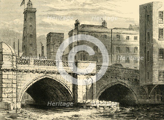 'South End of Old London Bridge, with Shot Tower and St. Olave's Church, in 1820', (c1878). Creator: Unknown.