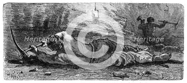 Early 19th century coal miner working a narrow seam, c1868.  Artist: Anon