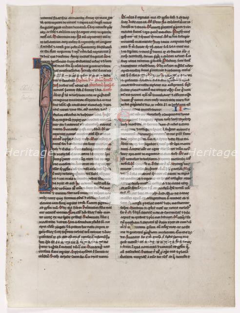 Initial I: Entwined Beast and Serpent: Leaf from a Bible (2 of 2 Excised Leaves), c. 1225-1250. Creator: Unknown.