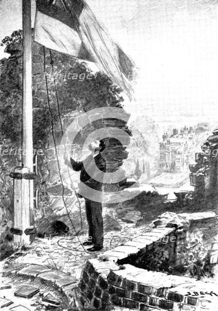 The Death of Mr. Gladstone: hoisting the flag half-mast on the keep, the Old Castle, Hawarden, 1898. Creator: Unknown.