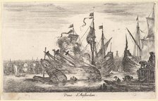 View of the Amsterdam seaport (Veue d'Amsterdam), men in rowboats work on a ship in center..., 1647. Creator: Stefano della Bella.