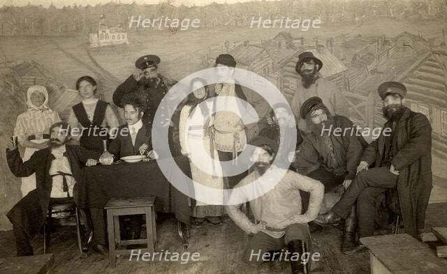 Participants in an amateur performance at the Znamensky Glass Factory, 1915. Creator: S. Ia. Mamontov.