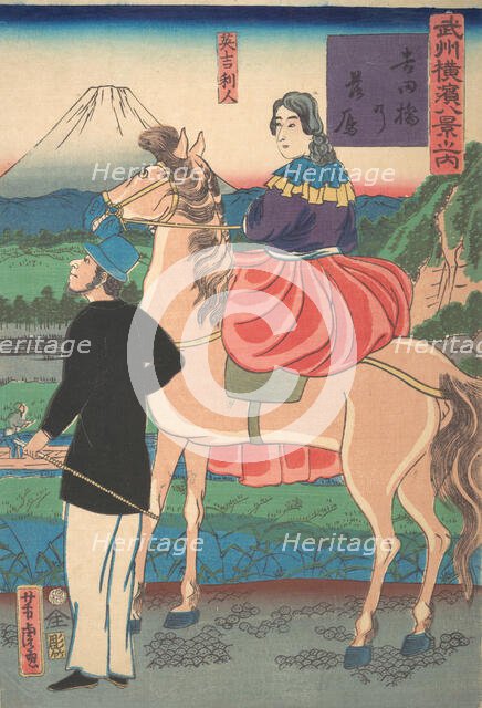 Descending Geese at Yoshida Bridge [English Couple] (Yoshidabashi no rakugan [I1st month, 1861. Creator: Utagawa Yoshitora.