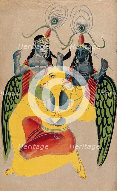 Garuda carrying two identical figures possibly Krishna and Balarama. Creator: Unknown.