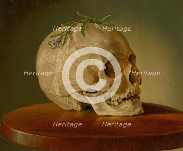 Still Life with a Skull and a Forget-Me-Not, around 1860. Creator: Frantisek Klimkovic.