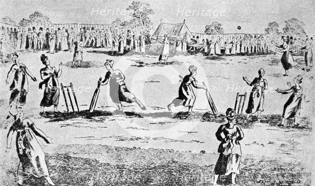 A ladies' cricket match, Newington Green, Islington, London, 1811 (1912). Artist: Unknown