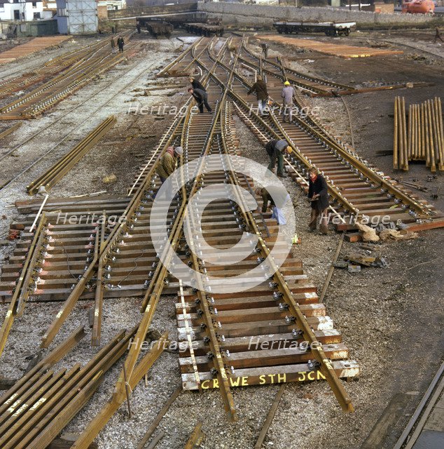 Engineers fabricating a rail junction for the Crewe South Junction before delivery, 1977. Artist: Michael Walters