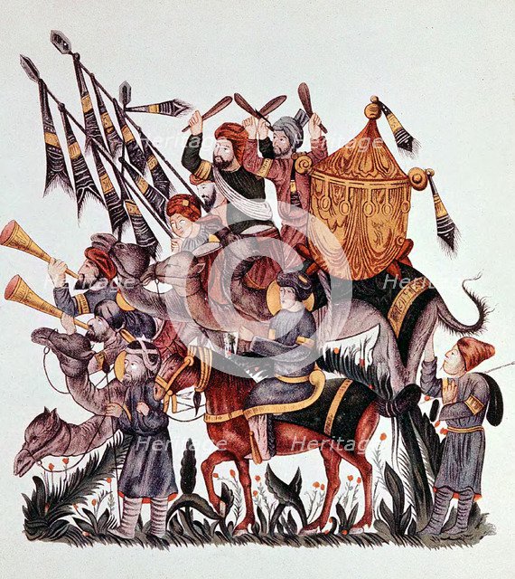 Standard bearers, drummers and trumpeters of a Saracen army, 13th century. Artist: Unknown