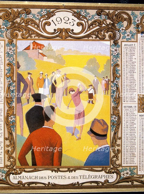 Calendar with a golfing theme, French, 1923. Artist: Unknown