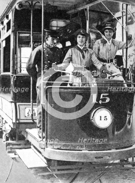 Women learning to drive a tram, 1917, (1936). Artist: Unknown