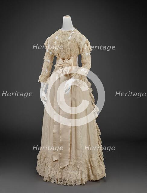 Wedding Dress (Skirt, Bodice, Petticoat, Two Sleeves, Two Mitts, Sash, Bow, Waist Piece), 1898. Creator: Unknown.