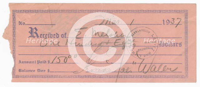 Receipt signed by Fats Waller, March 1, 1937. Creator: Unknown.