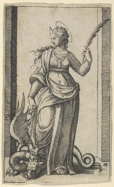 Saint Margaret standing, a dragon at the left, from the series 'Piccoli Santi' (S..., ca. 1500-1527. Creator: Marcantonio Raimondi.