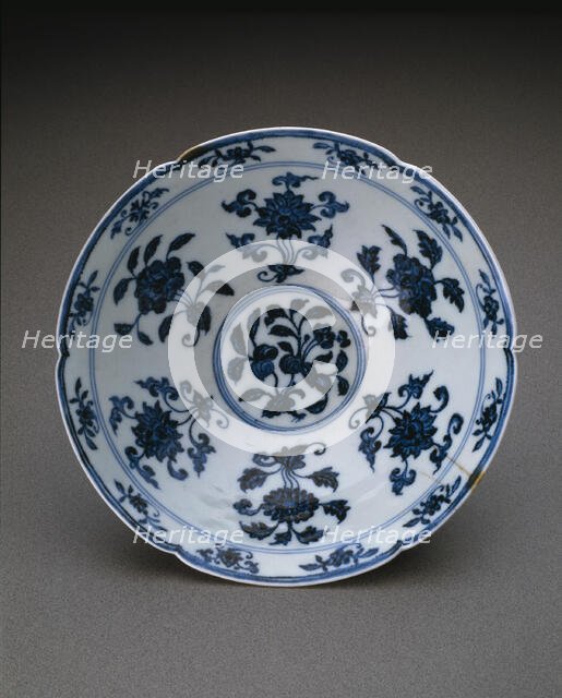 Lobed Conical Bowl with Peonies, Loquat, Pomegranate,..., Ming dynasty, Xuande reign (1426-1435). Creator: Unknown.