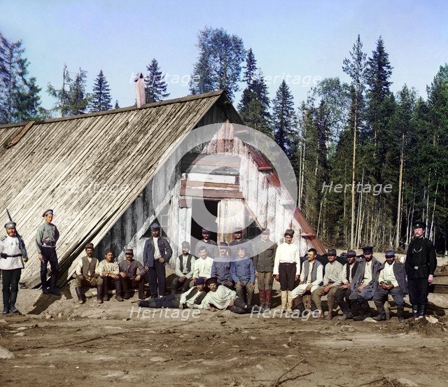 Austro-Hungarian prisoners of war near a barracks, Karelia, Russia, WWI, 1915.  Artist: Sergey Mikhaylovich Prokudin-Gorsky