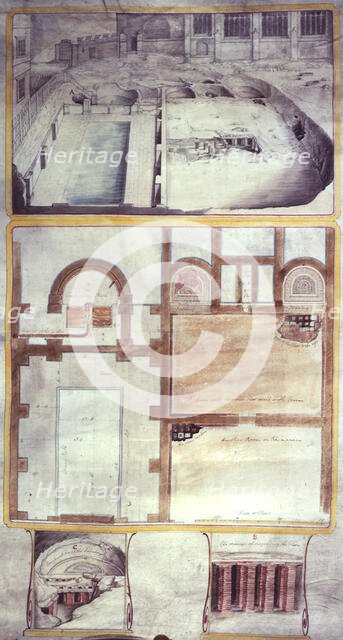 View and plans of the Roman baths at Bath, County Somerset, 1762. Creator: William Hoare.