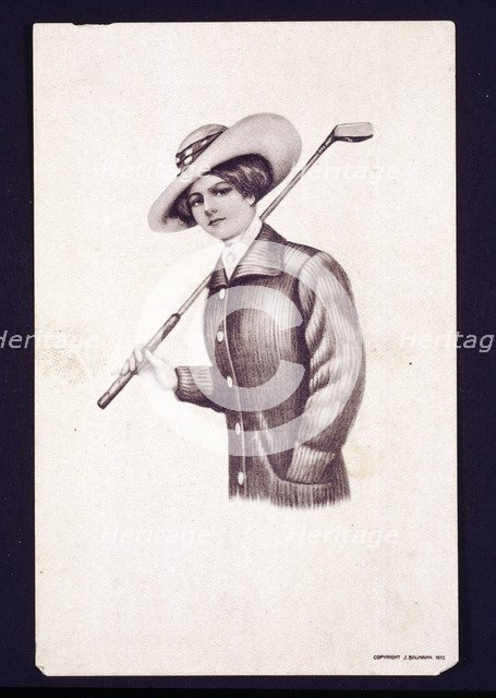 Postcard of woman holding golf club, c1900. Artist: Unknown