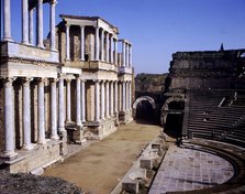 Roman Theatre of Merida, detail of the scene called 'Orchestra' which has two floors with columns…