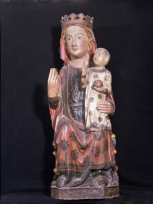  'Mother of God', polychromed wood sculpture. Virgin seated, with his right hand raised while hol…