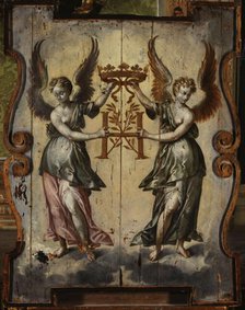 Two winged figures supporting an "H" topped with a ducal crown, between 1589 and 1600. Creator: Unknown.