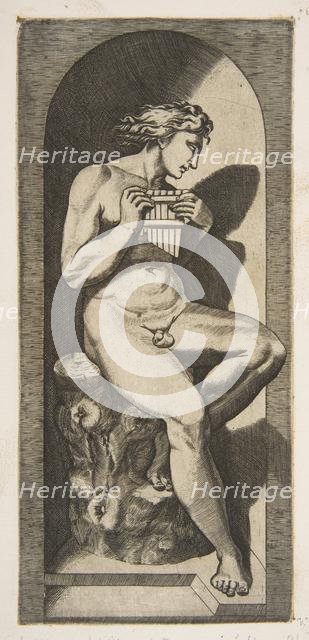 Olympus naked seated on a tree stump holding pipes, set within a niche, ca. 1515-27. Creator: Marco Dente.