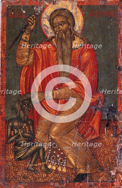 Saint Charalambos with Devil. Artist: Greek icon 