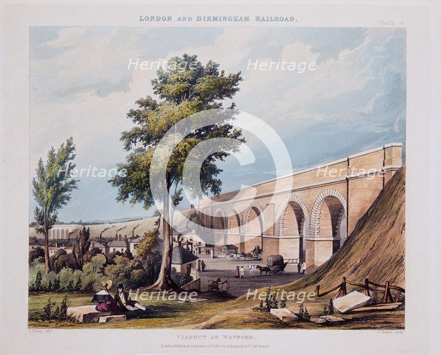 Viaduct at Watford, published 1837 (hand coloured engraving)
