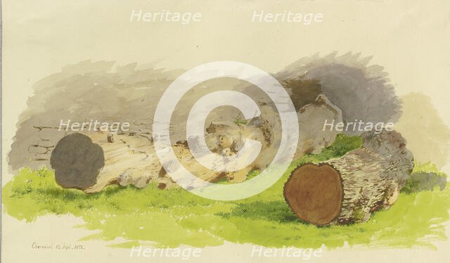 Sawed-off tree trunks in front of a wall in Oberwesel, 1858. Creator: Carl Theodor Reiffenstein.