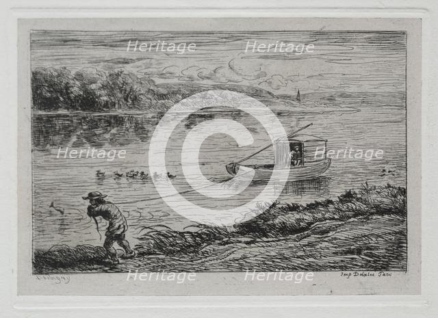 The Boat Trip: Cabin Boy Hauling the Tow-Rope or Hauling by Rope, 1861. Creator: Charles François Daubigny (French, 1817-1878).