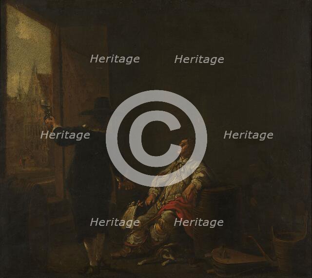 Signboard of a Wineshop, with Tasting the Wine on one side and Barreling the Wine on the other, c.16 Creator: Circle of Aelbert Cuyp.