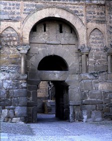 Old door of Bisagra, built on an Arab base, also called Alphonse VI door because the Cid crossed …