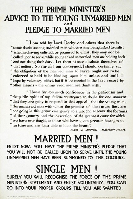 Recruitment Poster The Prime Minister's Advise to the Young Unmarried Men and Pledge to Married Men